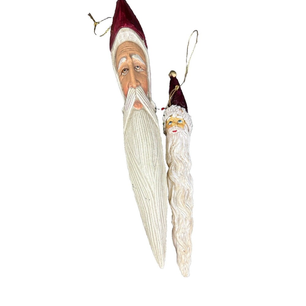 VTG Santa Head Icicle Ornament Lot of 2 Christmas Holly Retro Plastic 6.5" 9.5"